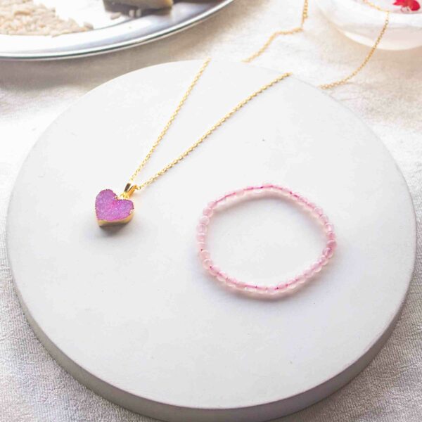 rose quartz and pink druzy pendant rakhi hamper for sister